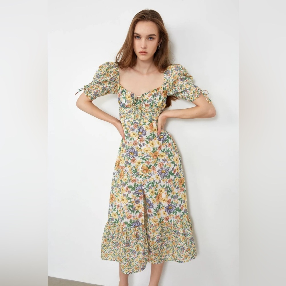 J.ING JING Floral Puff-Sleeve Midi Dress in Yellow & Green